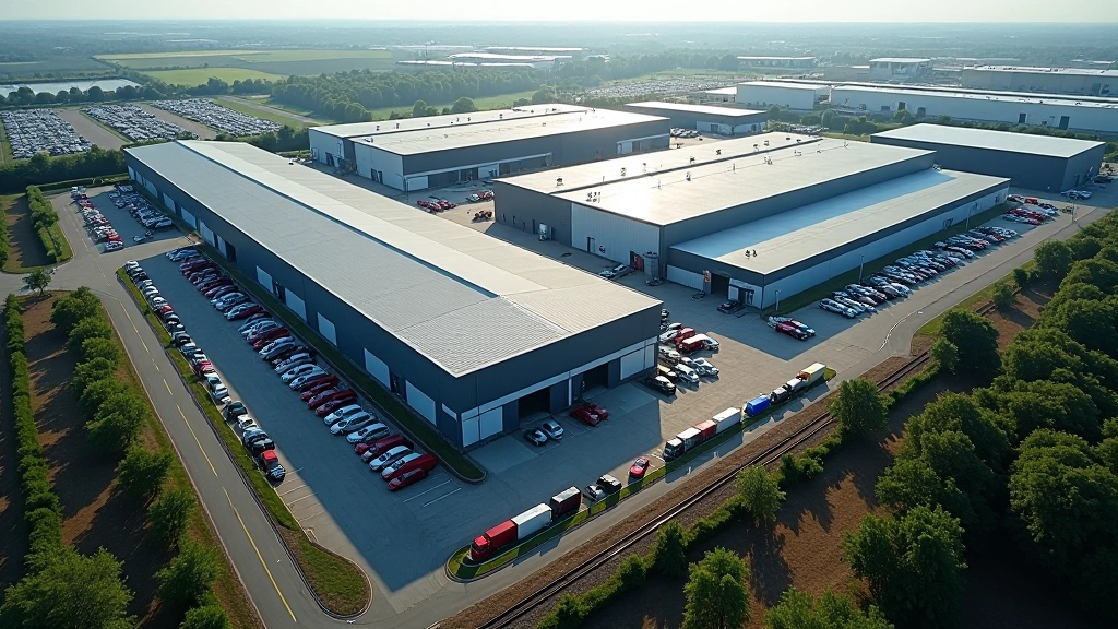 Vue aérienne d'une usine automobile avec plusieurs bâtiments, parkings de véhicules finis et installations logistiques