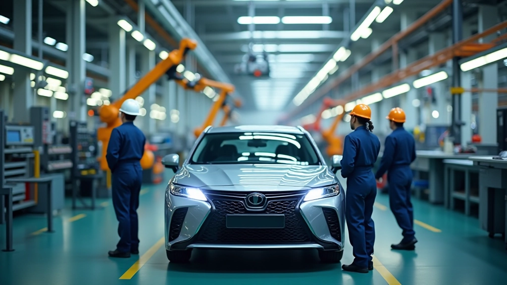 Chaîne de montage automobile avec robots et ouvriers en usine moderne