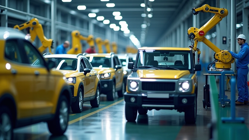 Chaîne de production automobile moderne avec robots d'assemblage et ouvriers travaillant sur les véhicules