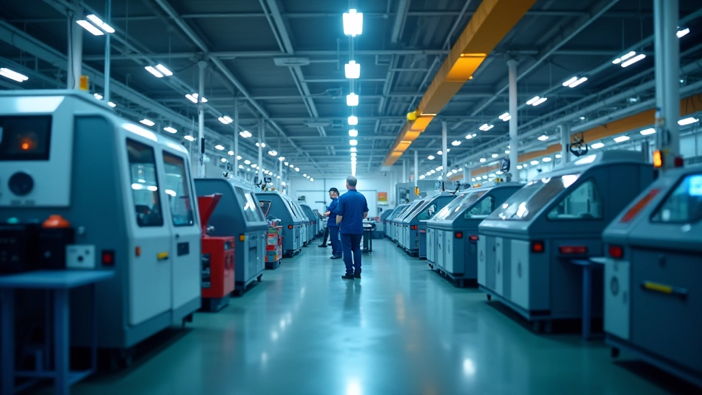 Complexe industriel moderne avec machinerie de production et données analytiques