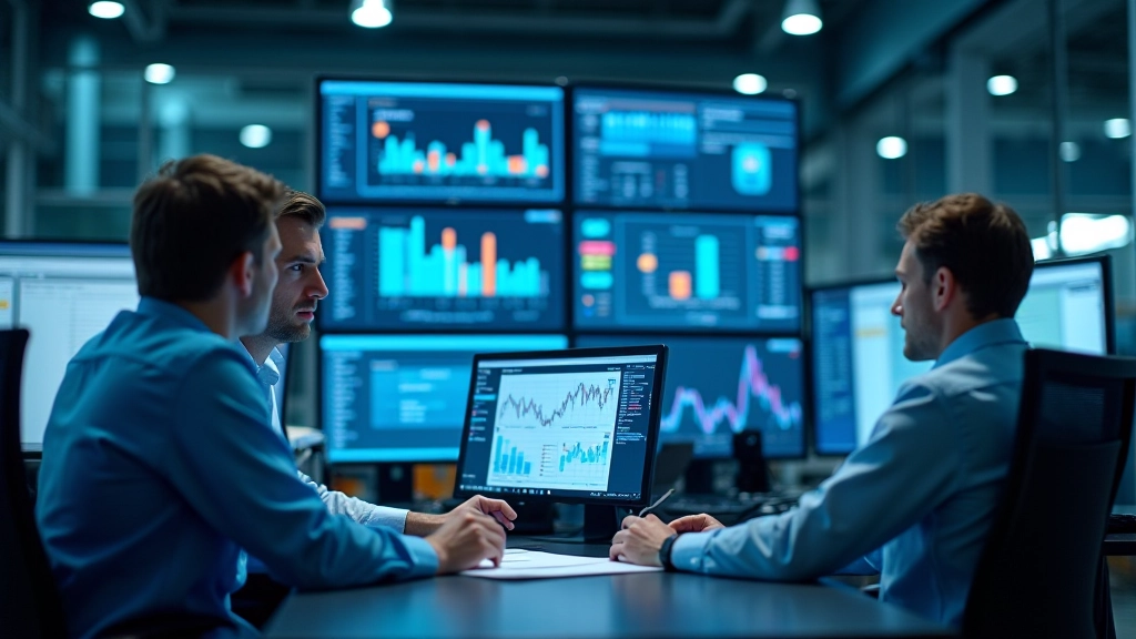 Bureau de planning industriel avec tableaux de bord numériques affichant les commandes, horaires de production et données en temps réel