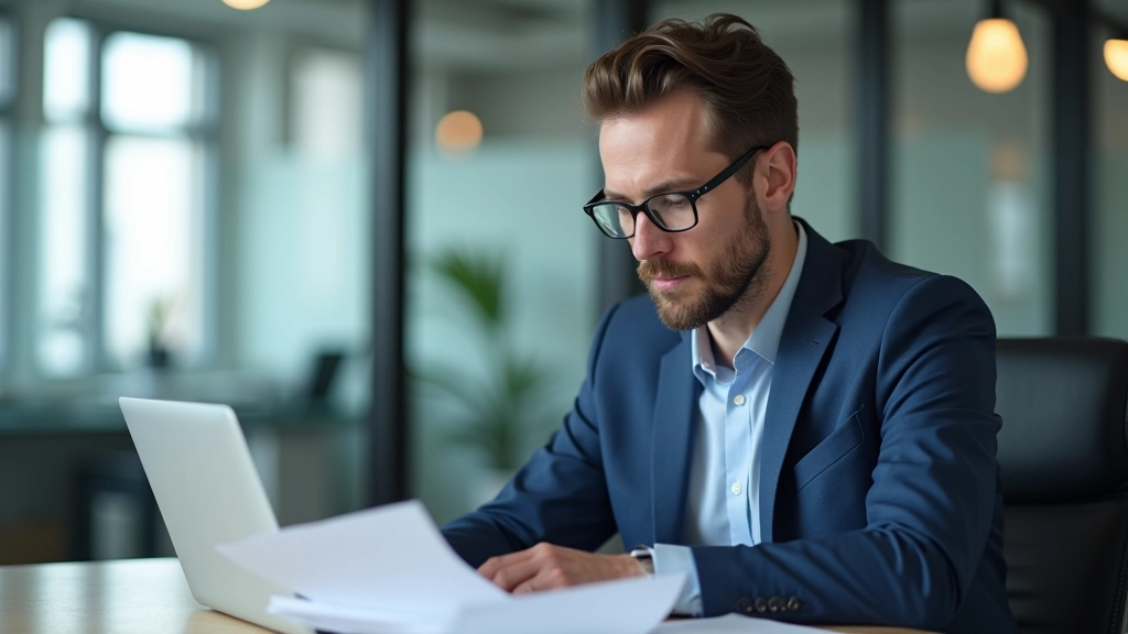 Professionnel analysant des rapports économiques et des données sur son ordinateur portable dans un bureau moderne