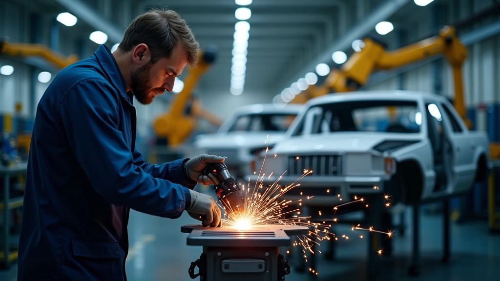 Atelier de fabrication automobile moderne avec robots de soudage et chaîne de montage