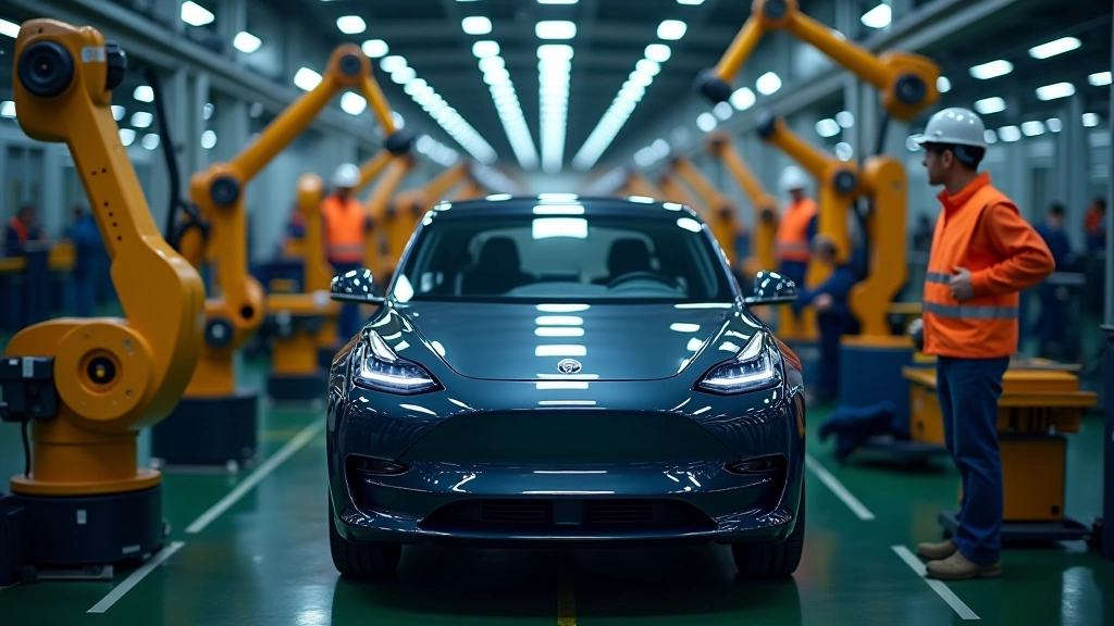 Ligne d'assemblage moderne avec robots travaillant sur des châssis de véhicules électriques, ateliers propres et éclairage LED