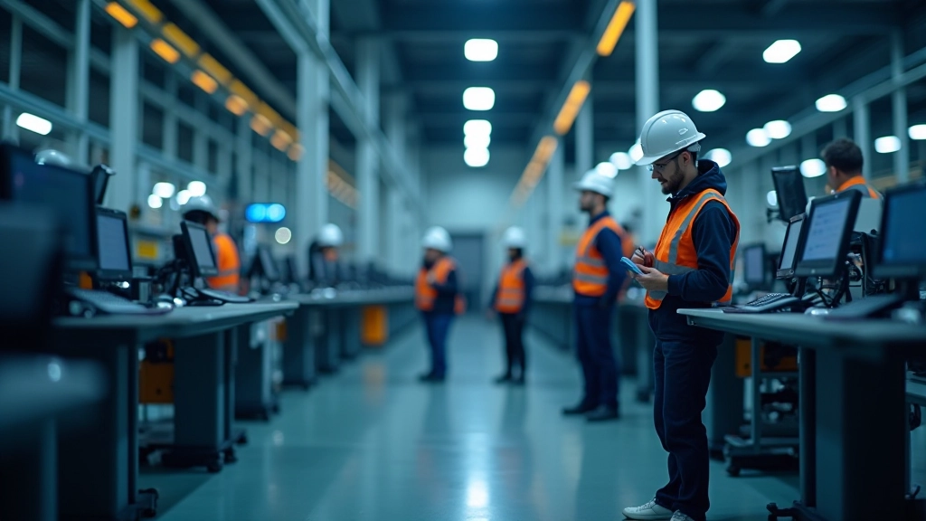 Usine moderne avec équipement de production et moniteurs affichant les métriques d'utilisation des capacités